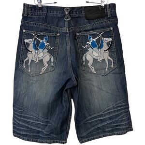 Eight 732 Jeezys Mens Embroidered Horse Pocket Denim Shorts Baggy Y2K Hip Hop 38
